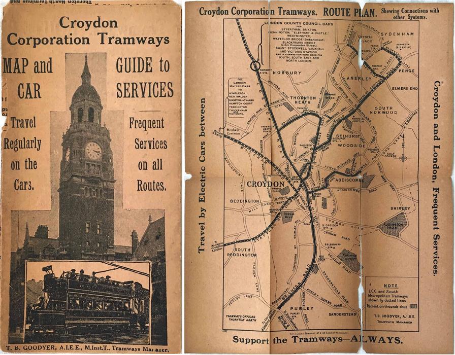 Croydon Corporation Tramways MAP & GUIDE TO CAR SERVICES dated February 1924. Fragile with splits at - Image 2 of 3
