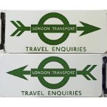 London Transport enamel DIRECTION SIGN 'London Transport Travel Enquiries' featuring LT's famous