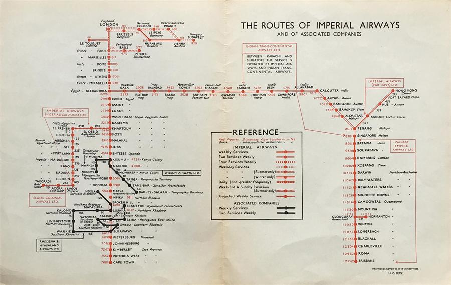 1935 DIAGRAMMATIC MAP by H C Beck of 'The Routes of Imperial Airways'. Drawn by Harry Beck, it shows - Image 2 of 3