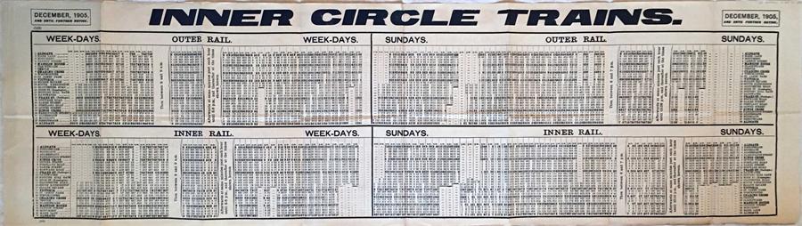 1905 London Underground Inner Circle Trains TIMETABLE POSTER. December 1905 and until further
