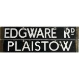 London Underground O/P/Q-Stock enamel DESTINATION PLATE for Edgware Road & Plaistow on the