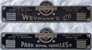 London Transport RT/RTL bus BODYBUILDER'S PLATES for Park Royal Vehicles Ltd and Weymann's Ltd