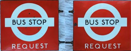 London Transport enamel BUS STOP FLAG 'Request'. A traditional 'boat'-type (two-sided, hollow)