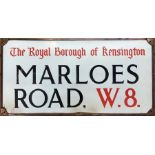 A Royal Borough of Kensington enamel STREET SIGN from Marloes Road, W8, a residential steet just