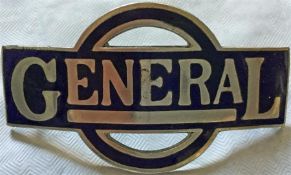 London "General" Omnibus Company bus driver's/conductor's CAP BADGE in blue enamel as issued from