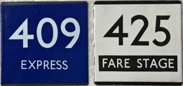 London Transport/London Country bus stop enamel E-PLATES for routes 425 Fare Stage and 409