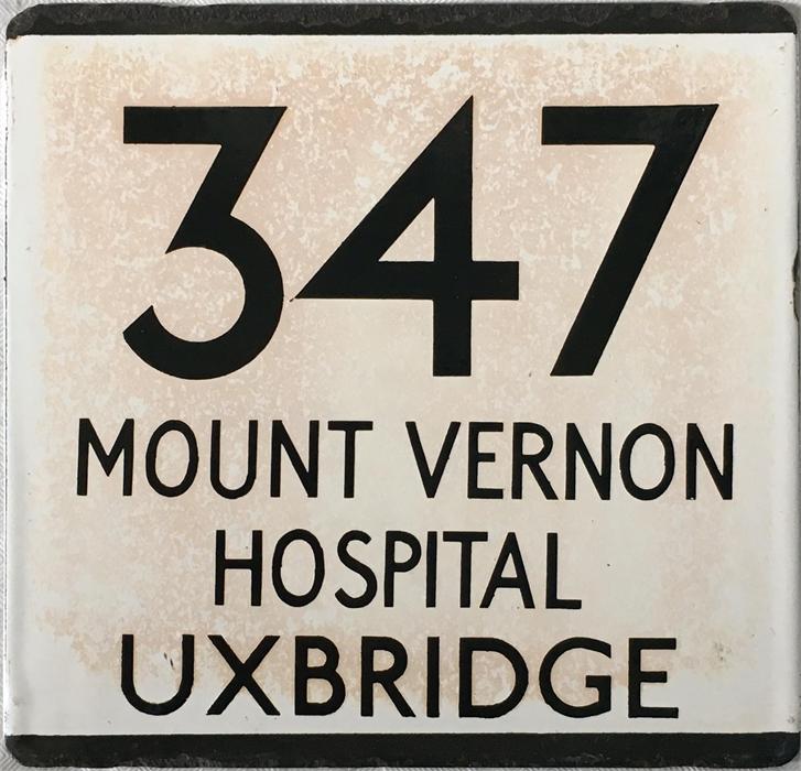 London Transport bus stop enamel E-PLATE for route 347 destinated Mount Vernon Hospital, Uxbridge. - Image 3 of 3