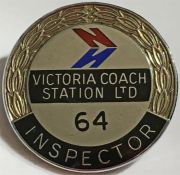 Victoria Coach Station Inspector's CAP BADGE made of chromed metal with enamel inlays and bearing