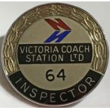 Victoria Coach Station Inspector's CAP BADGE made of chromed metal with enamel inlays and bearing
