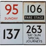 Selection of London Transport bus stop E-PLATES for routes 95 Sunday (in red), 106 Fare Stage, 137