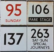 Selection of London Transport bus stop E-PLATES for routes 95 Sunday (in red), 106 Fare Stage, 137