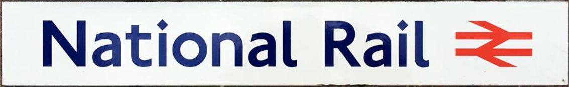 London Underground ENAMEL SIGN 'National Rail' with the NR logo. Measures 20" x 3" (50cm x 8cm)