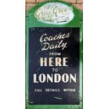 Grey-Green Coaches booking agent metal ADVERTISING BOARD 'Coaches daily from here to London' with an