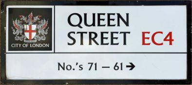 A City of London enamel STREET SIGN from Queen Street, EC4, a short thoroughfare situated between