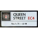 A City of London enamel STREET SIGN from Queen Street, EC4, a short thoroughfare situated between
