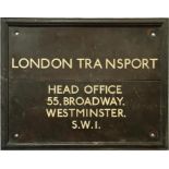 London Transport bronze, framed OWNERSHIP SIGN from a bus garage with head office address of 55