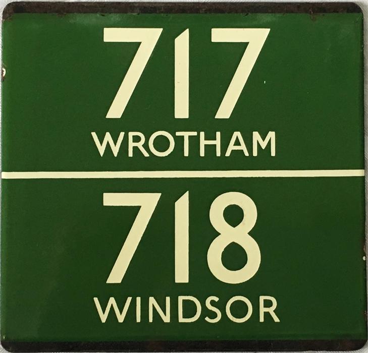 London Transport coach stop enamel E-PLATE for routes 717 destinated Wrotham and 718 destinated - Image 2 of 3