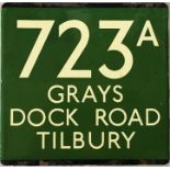 London Transport coach stop enamel E-PLATE for Green Line route 723A destinated Grays, Dock Road,