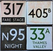 Selection of London Transport bus stop E-PLATES for routes 317 Fare Stage, 405B, N95 Night (white on