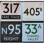 Selection of London Transport bus stop E-PLATES for routes 317 Fare Stage, 405B, N95 Night (white on