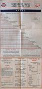 London Transport wartime Trolleybus paper FARECHART for route 607 from Shepherds Bush to Uxbridge