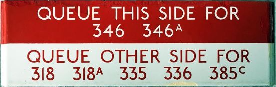 London Transport bus stop enamel Q-PLATE 'Queue this side for 346, 346A, Queue other side for 318,