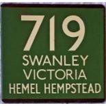 London Transport coach stop enamel E-PLATE for route 719 destinated Swanley, Victoria, Hemel