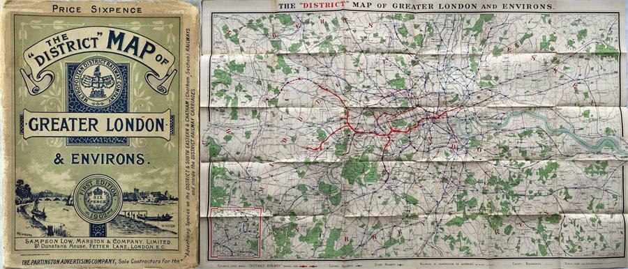 1902 'District [Railway] MAP of Greater London & Environs', 1st edition. A paper map inside a soft