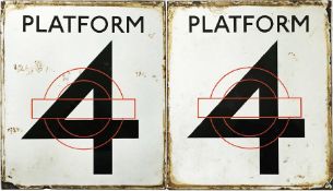 London Underground ENAMEL SIGN 'PLATFORM 4', a double-sided sign featuring the traditional LT