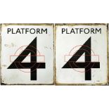 London Underground ENAMEL SIGN 'PLATFORM 4', a double-sided sign featuring the traditional LT