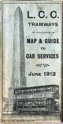 June 1913 LCC Tramways MAP & GUIDE TO CAR SERVICES with the cover picture of a tramcar by