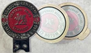 London Transport Central Road Services Motor Club CAR BADGE in chrome, good used condition, plus two