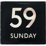 London Transport bus stop enamel E-PLATE for route 59 Sunday with white digits on a black