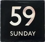 London Transport bus stop enamel E-PLATE for route 59 Sunday with white digits on a black