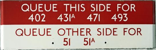 London Transport bus stop enamel Q-PLATE 'Queue this side for 402, 431A, 471, 493, Queue other