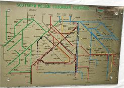 A British Railways CARRIAGE MIRROR MAP 'Southern Region Suburban Services' (glass). Undated but