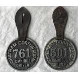 Two Chatham Corporation alloy OMNIBUS DRIVERS' LICENCE BADGES, early 20th century and from the pre-
