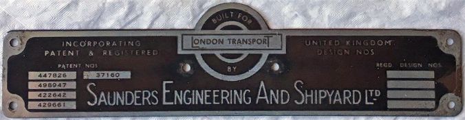 London Transport bus BODYBUILDER'S PLATE for Saunders Engineering and Shipyard Ltd from one of the