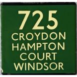 London Transport coach stop enamel E-PLATE for Green Line route 725 destinated Croydon, Hampton