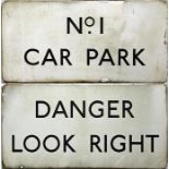 2 London Transport flanged ENAMEL SIGNS ex-Aldenham Bus Works 'No 1 Car Park' & 'Danger, Look