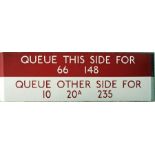 London Transport bus stop enamel Q-PLATE 'Queue this side for 66, 148, Queue other side for 10, 20A,