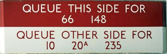 London Transport bus stop enamel Q-PLATE 'Queue this side for 66, 148, Queue other side for 10, 20A,