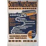 1930s POSTER for South Wales Express coach service from London to Swansea/Llanelly. This operator