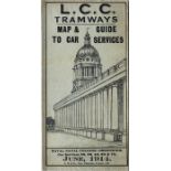 June 1914 LCC Tramways MAP & GUIDE TO CAR SERVICES with the cover picture of Royal Naval College,