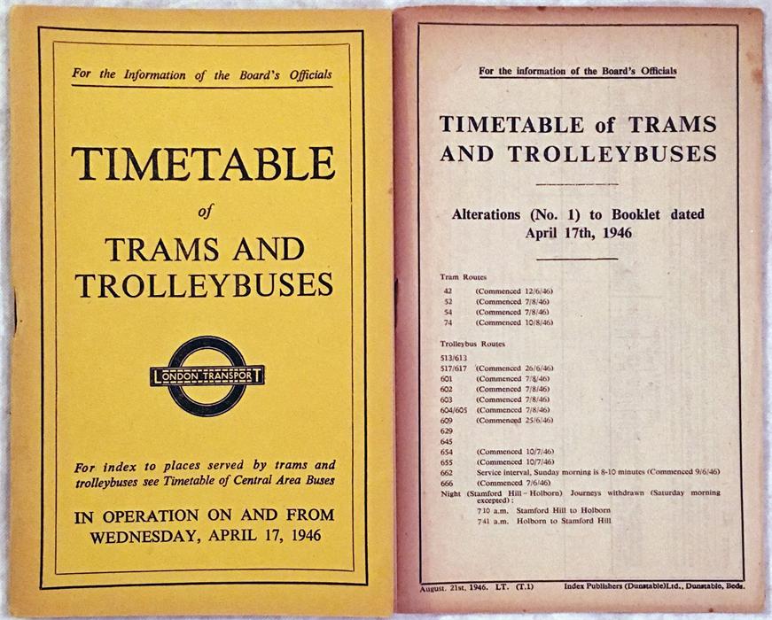 London Transport Inspector's TIMETABLE of Trams and Trolleybuses dated April 17, 1946 together