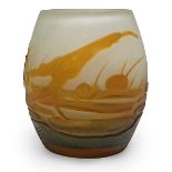 Galle, Pond Landscape vase, Nancy, France, cameo cut glass, signed, 2.5"dia x 3"h Orange on clear to