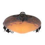 Muller Freres, light fixture shade, Luneville, France, glass, wrought iron, glass signed, 14.5"dia