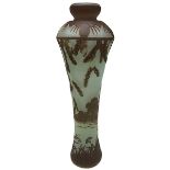 de Vez, Landscape vase, Pantin, France, cameo cut glass, signed, 2.75"dia x 8"h Brown on light