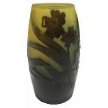 Galle, Floral vase, Nancy, France, cameo cut glass, signed, 2.25"dia x 4"h Purple on yellow to
