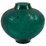 Rene Lalique (1860-1945), Aras vase, France, molded and frosted green glass, molded block signature,